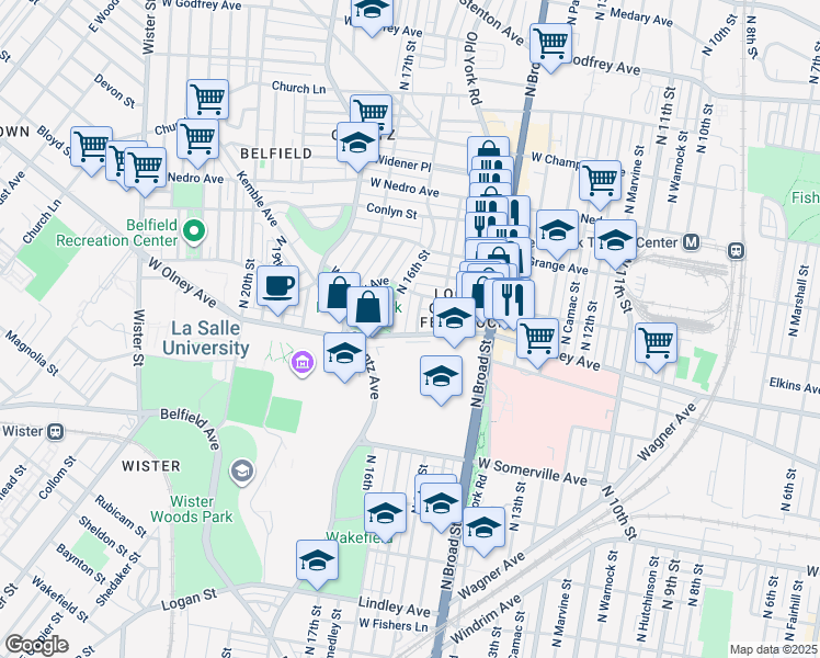 map of restaurants, bars, coffee shops, grocery stores, and more near 5617 North 16th Street in Philadelphia