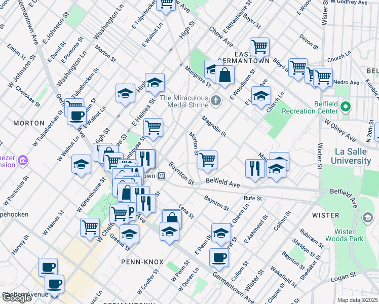 map of restaurants, bars, coffee shops, grocery stores, and more near 5629 Heiskell Street in Philadelphia
