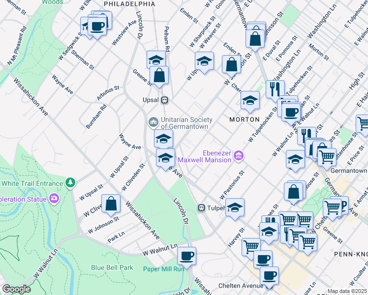 map of restaurants, bars, coffee shops, grocery stores, and more near 6375 Sherman Street in Philadelphia