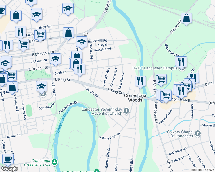 map of restaurants, bars, coffee shops, grocery stores, and more near 5 Parkside Avenue in Lancaster