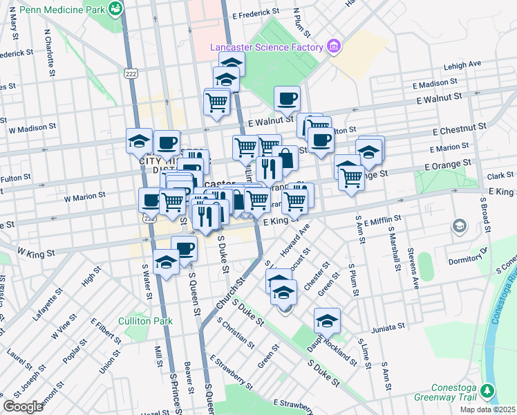 map of restaurants, bars, coffee shops, grocery stores, and more near 225 East Grant Street in Lancaster