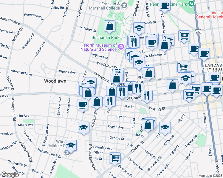 map of restaurants, bars, coffee shops, grocery stores, and more near 144 College Avenue in Lancaster