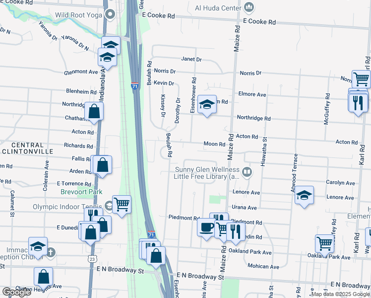 map of restaurants, bars, coffee shops, grocery stores, and more near 845 Moon Road in Columbus