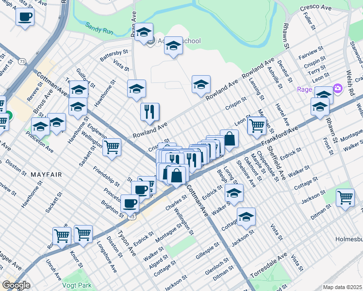 map of restaurants, bars, coffee shops, grocery stores, and more near 3431 Aldine Street in Philadelphia