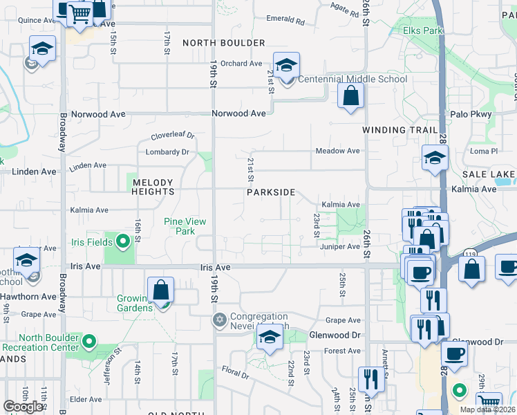map of restaurants, bars, coffee shops, grocery stores, and more near 2126 Kalmia Circle in Boulder