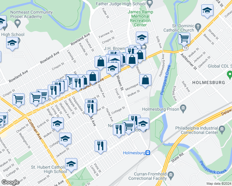 map of restaurants, bars, coffee shops, grocery stores, and more near 4220 Frost Street in Philadelphia
