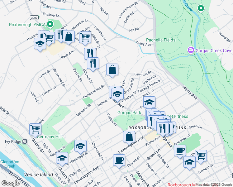 map of restaurants, bars, coffee shops, grocery stores, and more near 6619 Ridge Avenue in Philadelphia
