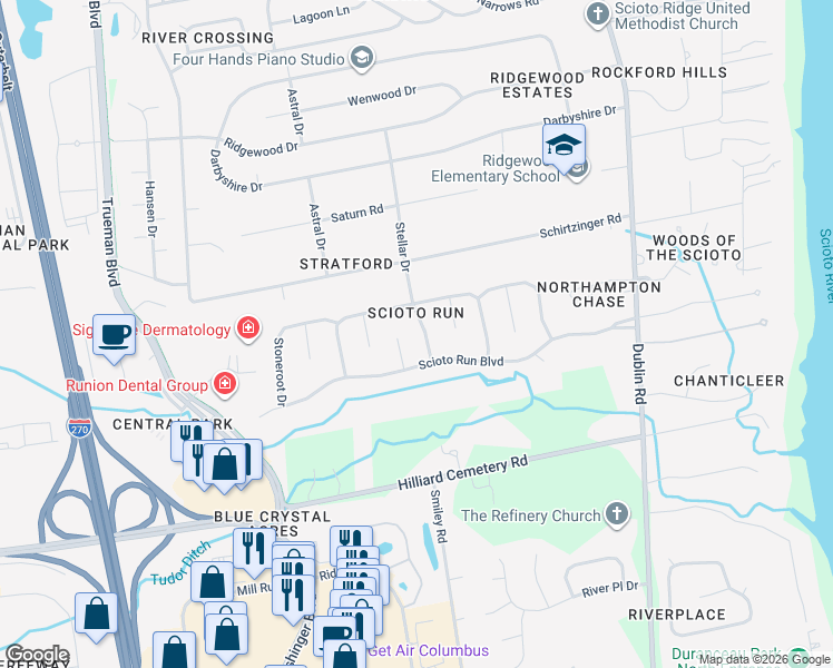 map of restaurants, bars, coffee shops, grocery stores, and more near 4175 Stellar Drive in Hilliard