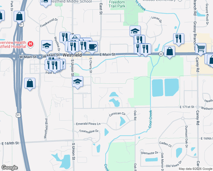map of restaurants, bars, coffee shops, grocery stores, and more near 2114 Pheasant Run in Westfield