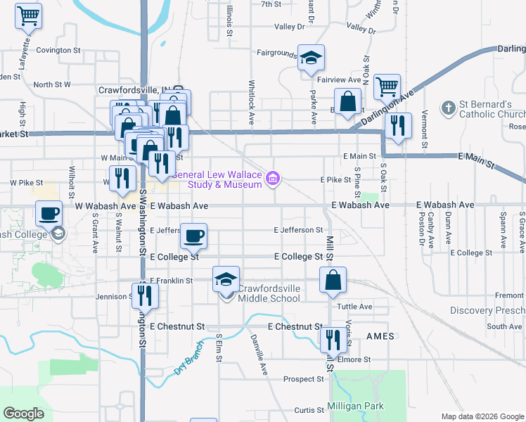 map of restaurants, bars, coffee shops, grocery stores, and more near 519 East Wabash Avenue in Crawfordsville