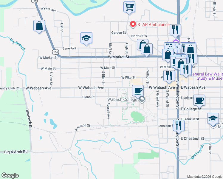 map of restaurants, bars, coffee shops, grocery stores, and more near 804 West Wabash Avenue in Crawfordsville