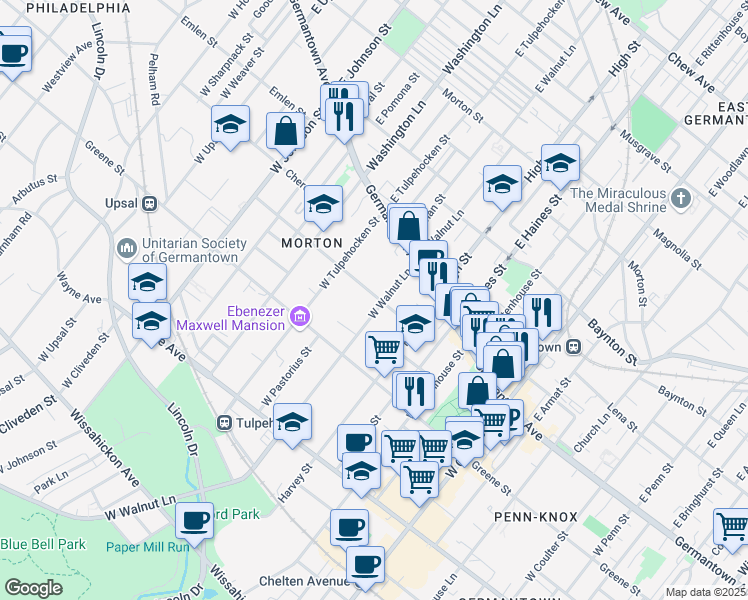 map of restaurants, bars, coffee shops, grocery stores, and more near 6100 McCallum Street in Philadelphia