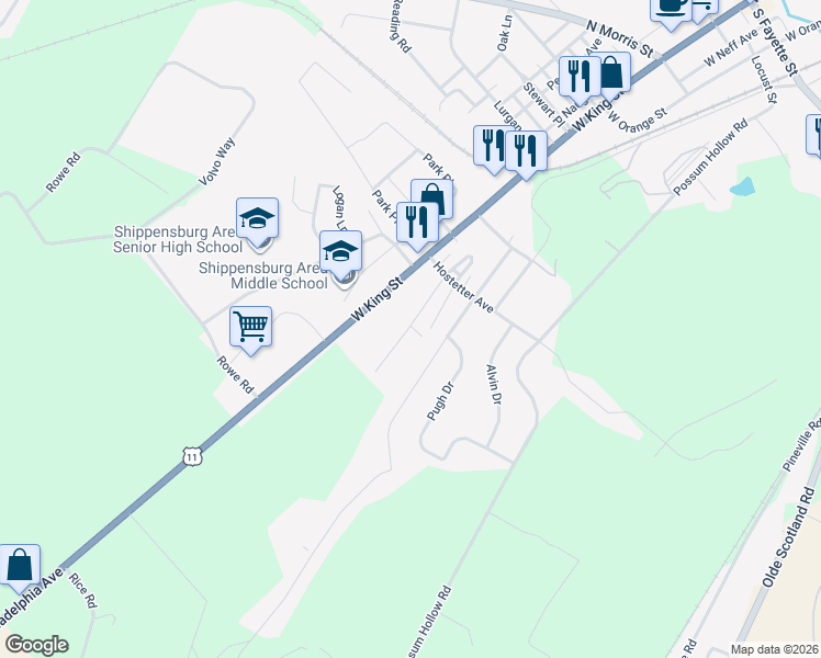 map of restaurants, bars, coffee shops, grocery stores, and more near 9965 Tower Road in Shippensburg