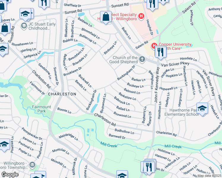 map of restaurants, bars, coffee shops, grocery stores, and more near 6 Berkshire Lane in Willingboro