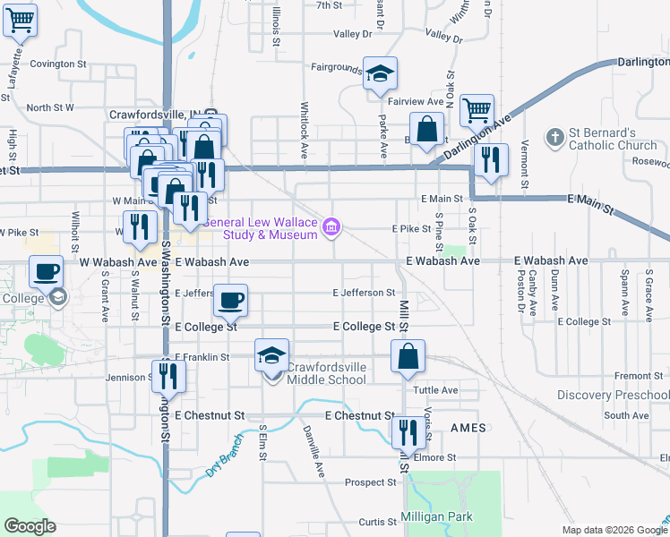 map of restaurants, bars, coffee shops, grocery stores, and more near 519 East Wabash Avenue in Crawfordsville