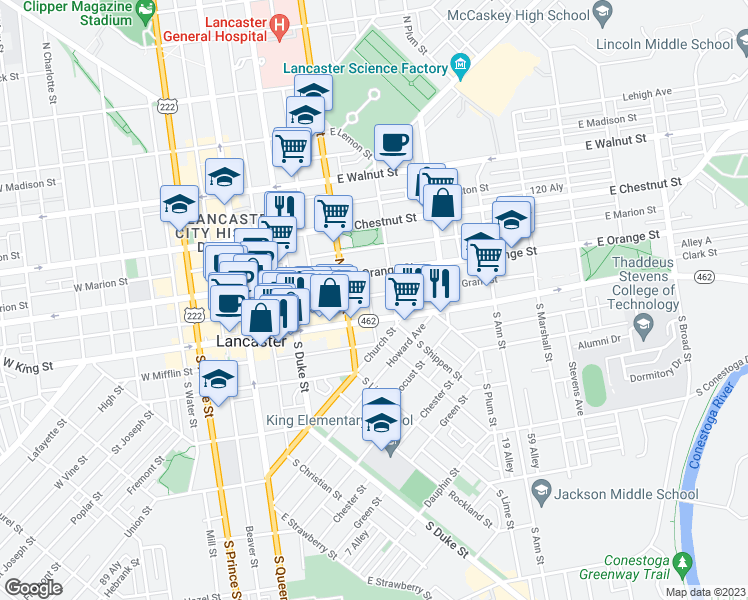 map of restaurants, bars, coffee shops, grocery stores, and more near 226 East Grant Street in Lancaster
