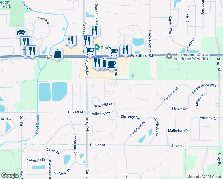map of restaurants, bars, coffee shops, grocery stores, and more near 17351 Henslow Drive in Westfield