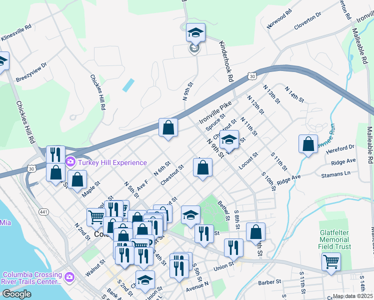map of restaurants, bars, coffee shops, grocery stores, and more near 216 North 8th Street in Columbia