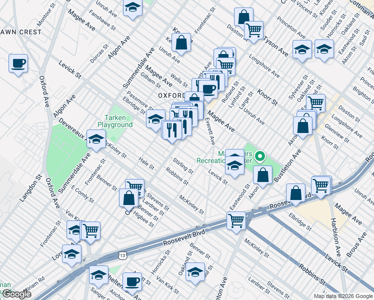 map of restaurants, bars, coffee shops, grocery stores, and more near 1414 Elbridge Street in Philadelphia
