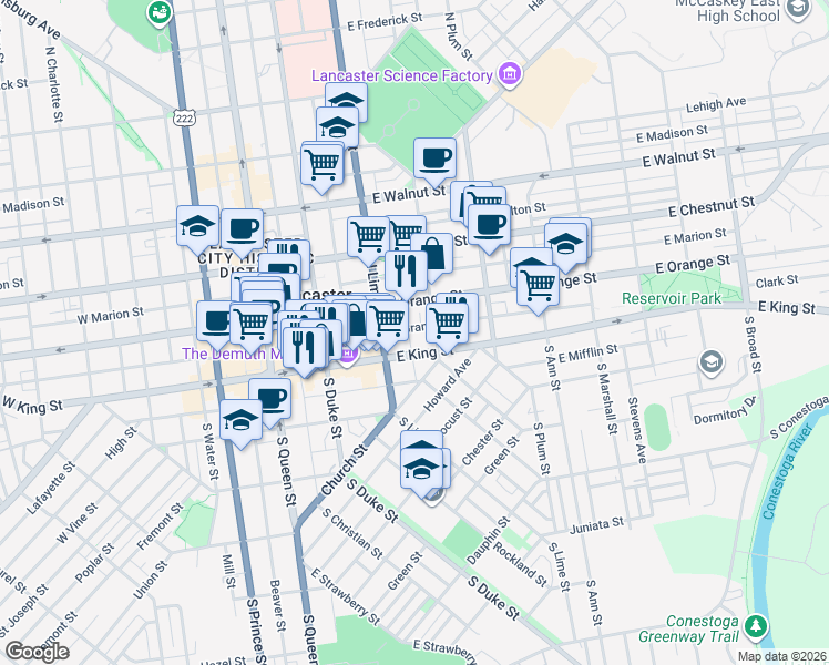 map of restaurants, bars, coffee shops, grocery stores, and more near 225 East Grant Street in Lancaster