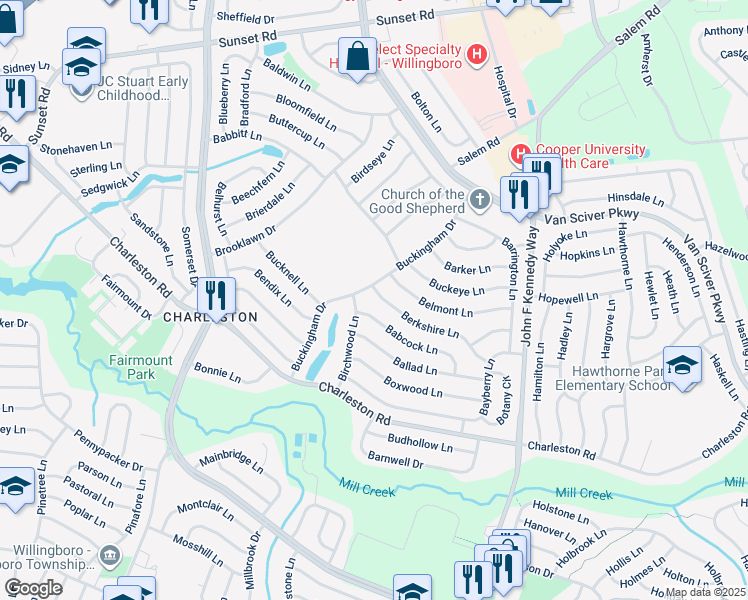 map of restaurants, bars, coffee shops, grocery stores, and more near 6 Berkshire Lane in Willingboro