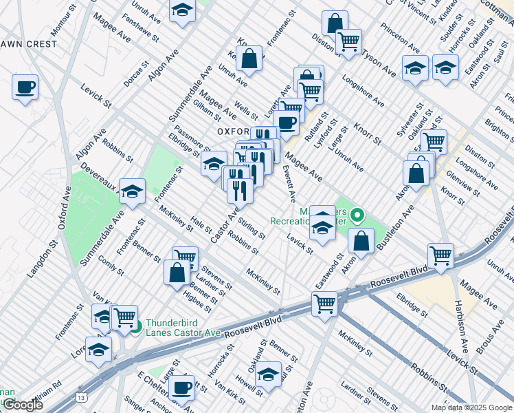 map of restaurants, bars, coffee shops, grocery stores, and more near 1421 Levick Street in Philadelphia