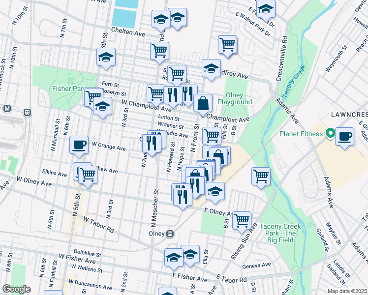 map of restaurants, bars, coffee shops, grocery stores, and more near 5851 North Hope Street in Philadelphia