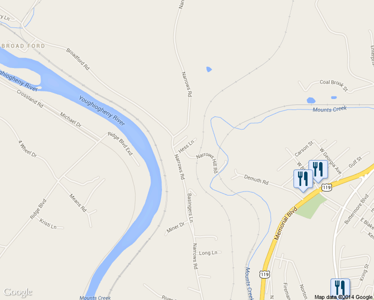map of restaurants, bars, coffee shops, grocery stores, and more near 108 Hess Ln in Connellsville