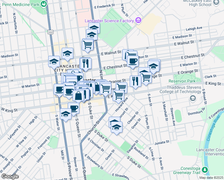 map of restaurants, bars, coffee shops, grocery stores, and more near 226 East Grant Street in Lancaster
