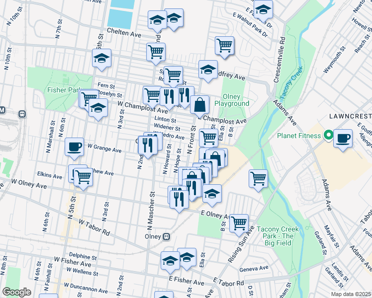 map of restaurants, bars, coffee shops, grocery stores, and more near 5834 North Front Street in Philadelphia