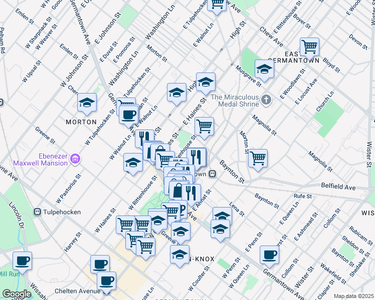 map of restaurants, bars, coffee shops, grocery stores, and more near 208 East Rittenhouse Street in Philadelphia