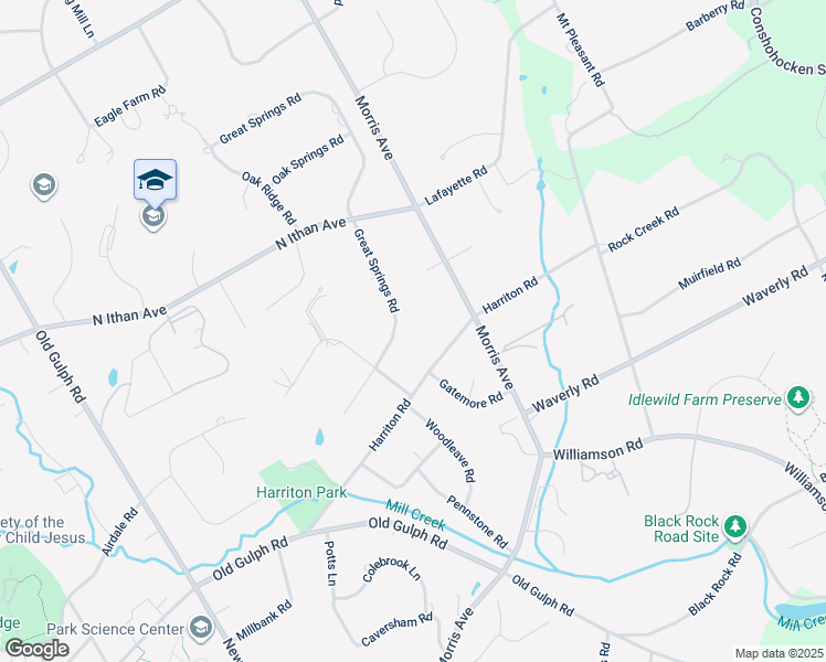 map of restaurants, bars, coffee shops, grocery stores, and more near 709 Great Springs Road in Bryn Mawr