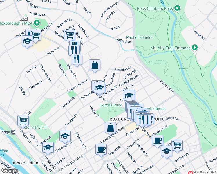 map of restaurants, bars, coffee shops, grocery stores, and more near 527 Overlook Road in Philadelphia