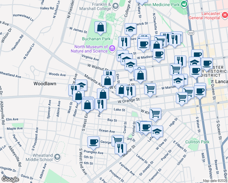 map of restaurants, bars, coffee shops, grocery stores, and more near 763 Marietta Avenue in Lancaster
