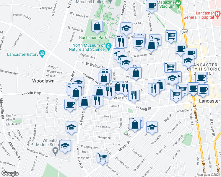 map of restaurants, bars, coffee shops, grocery stores, and more near 763 Marietta Avenue in Lancaster