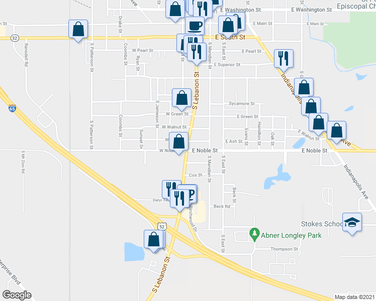 map of restaurants, bars, coffee shops, grocery stores, and more near 118 East Noble Street in Lebanon