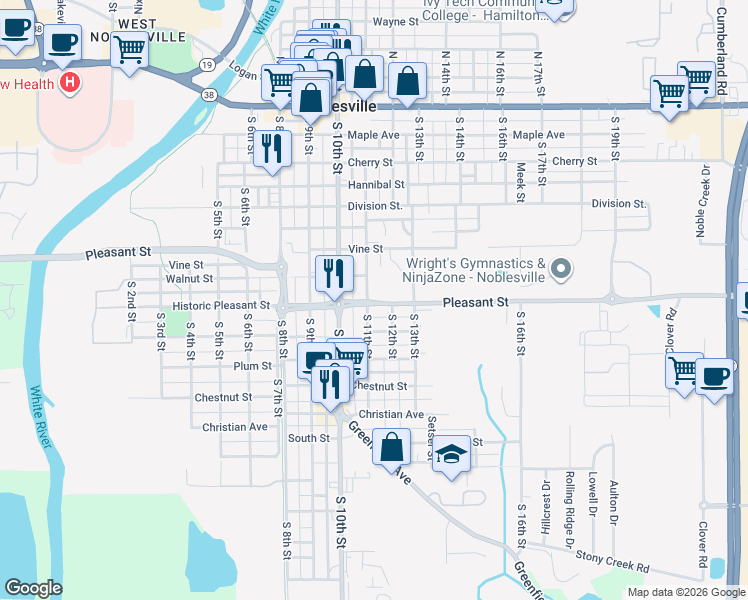 map of restaurants, bars, coffee shops, grocery stores, and more near 798 South 11th Street in Noblesville