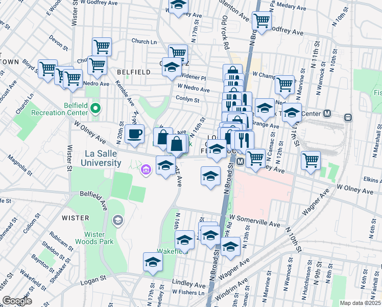 map of restaurants, bars, coffee shops, grocery stores, and more near 5605 North 16th Street in Philadelphia