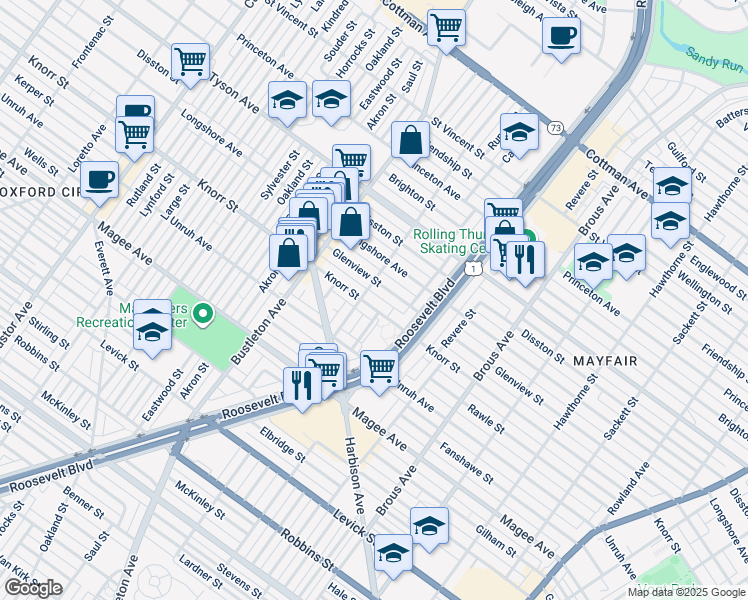 map of restaurants, bars, coffee shops, grocery stores, and more near 2211 Knorr Street in Philadelphia