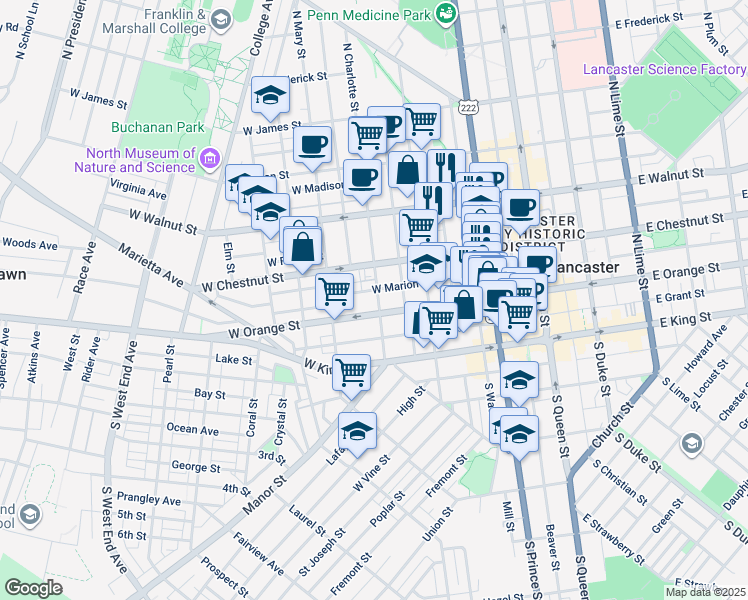 map of restaurants, bars, coffee shops, grocery stores, and more near 118 North Charlotte Street in Lancaster
