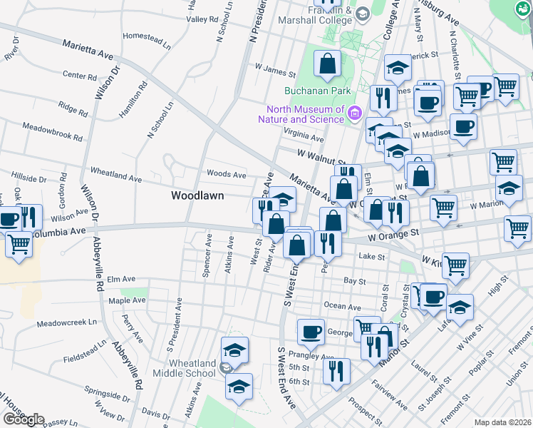 map of restaurants, bars, coffee shops, grocery stores, and more near 30 Race Avenue in Lancaster