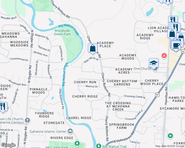 map of restaurants, bars, coffee shops, grocery stores, and more near 95 Nob Hill Drive West in Gahanna