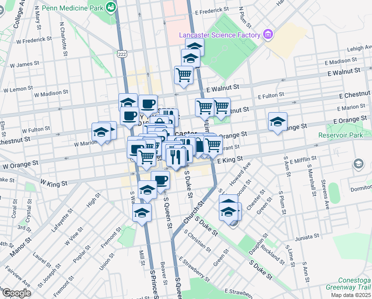 map of restaurants, bars, coffee shops, grocery stores, and more near 53 North Duke Street in Lancaster