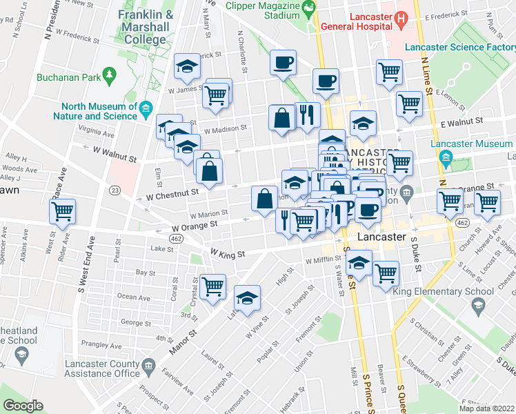 map of restaurants, bars, coffee shops, grocery stores, and more near 118 North Charlotte Street in Lancaster