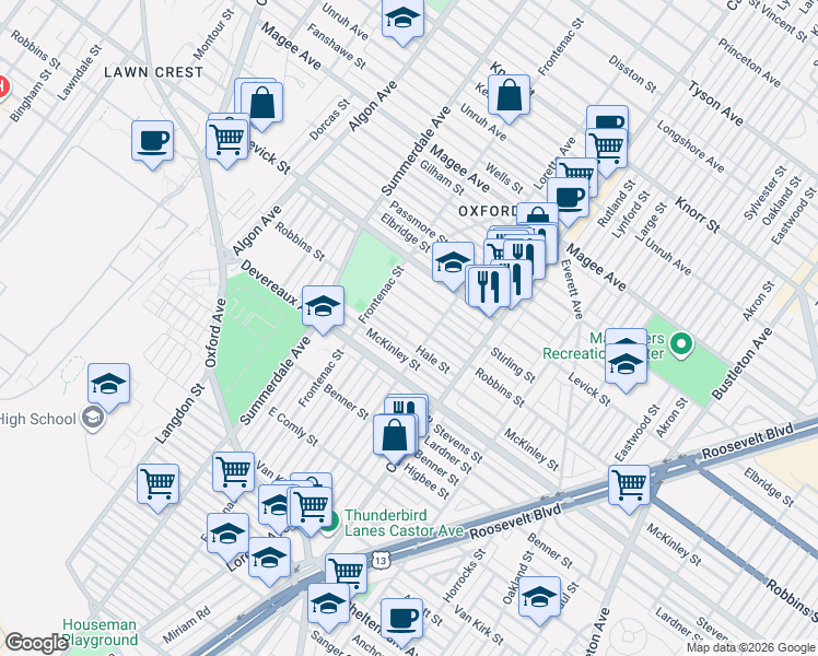 map of restaurants, bars, coffee shops, grocery stores, and more near 1242 Robbins Street in Philadelphia
