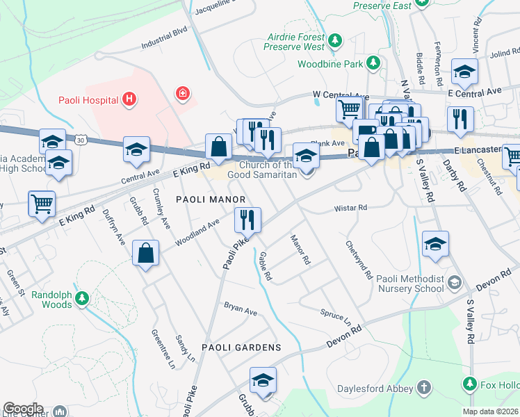 map of restaurants, bars, coffee shops, grocery stores, and more near 28 Manor Road in Paoli