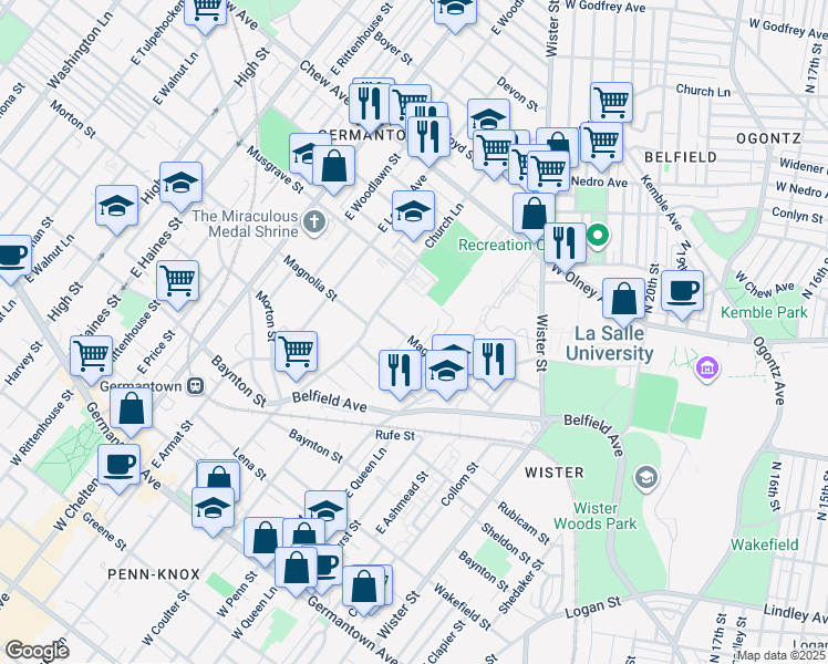 map of restaurants, bars, coffee shops, grocery stores, and more near 5353 Magnolia Street in Philadelphia