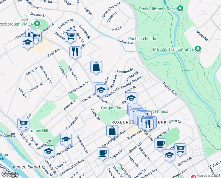 map of restaurants, bars, coffee shops, grocery stores, and more near 527 Overlook Road in Philadelphia