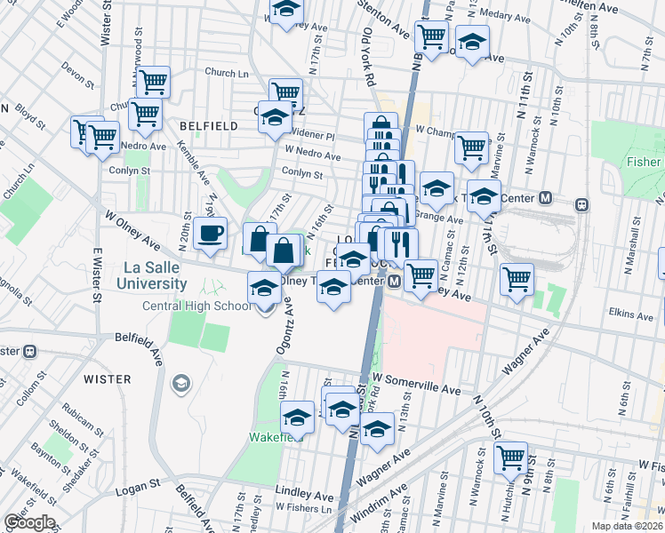 map of restaurants, bars, coffee shops, grocery stores, and more near 5616 North 15th Street in Philadelphia