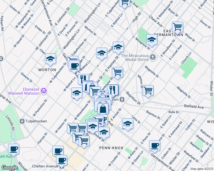 map of restaurants, bars, coffee shops, grocery stores, and more near 208 East Rittenhouse Street in Philadelphia
